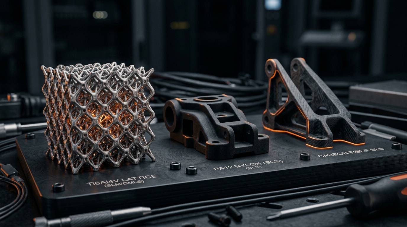 Selection of premium 3D printed engineering materials including Ti6Al4V lattice, PA12 nylon, and carbon fiber SLS.
